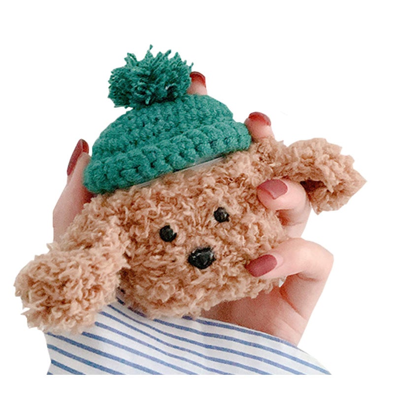 SGVAHY Furry Case for AirPods 1&2 Funny Cute 3D Cartoon Plush Design Teddy Green Ball Hat Soft Warm Fluffy Cover with Keychain Kawaii Anti-Fall Protective Case Women Girls - Image 1